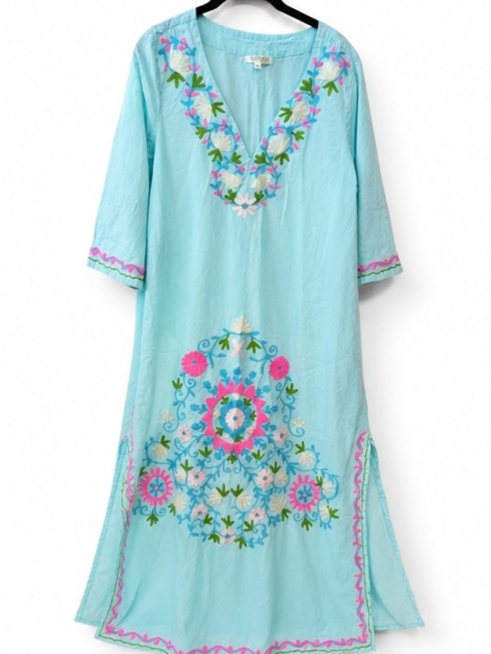 Embroidered Light Blue Maxi Dress with Floral Detail